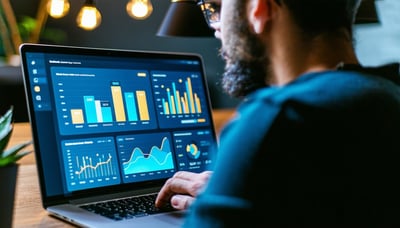 Illustration of a person analyzing social media metrics on a laptop
